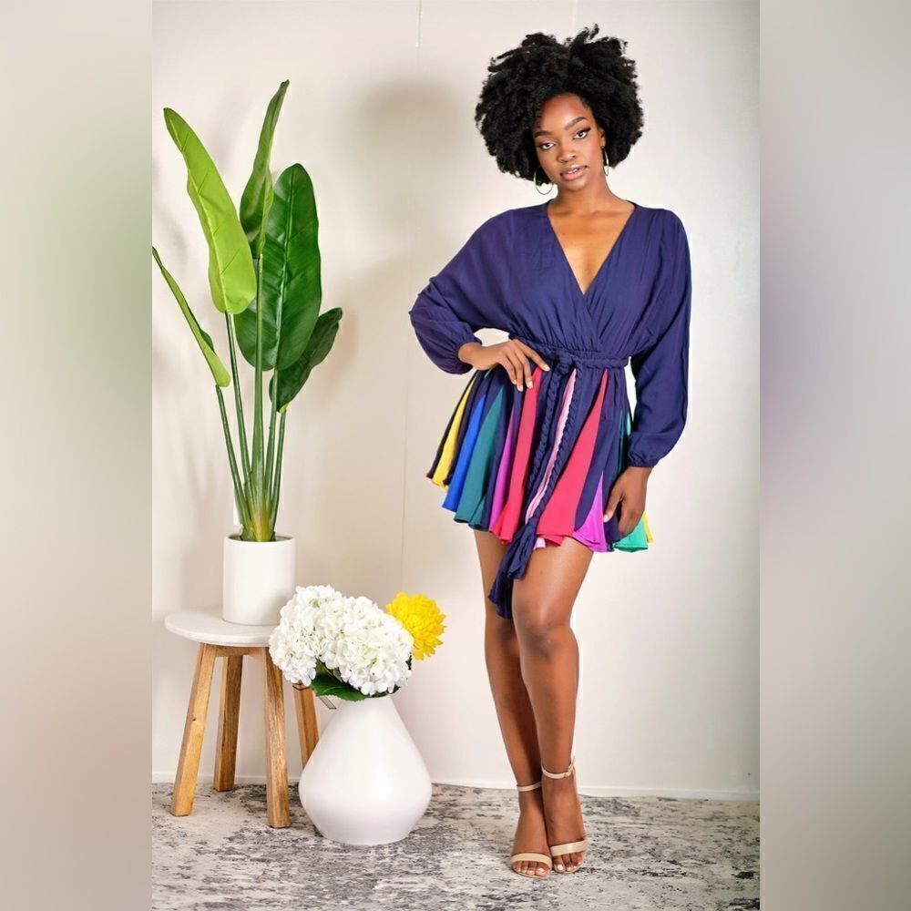 L’ATISTE Rainbow Pleated Mini Dress Black Multi Color Flowy Skater Size M NWT